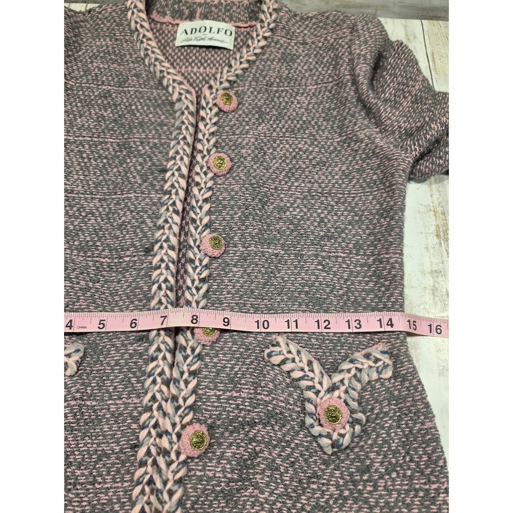 Adolfo Saks Fifth Avenue 3pc Suit Wool Knit Jacket Skirt Silk Blouse Pink Grey - Picture 16 of 16
